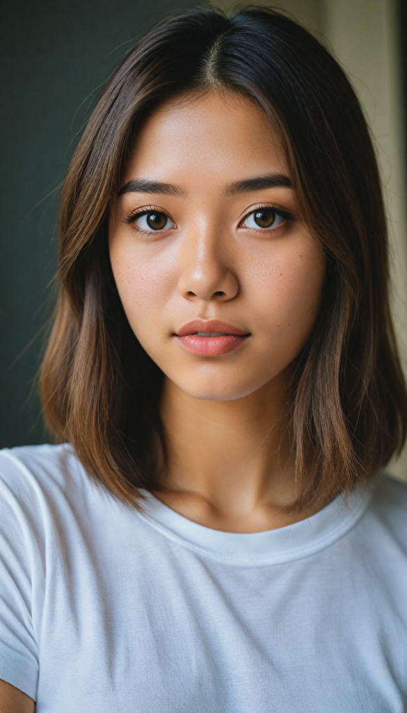 a (stunningly elegant and cute long, straight hazelnut hair) Asian (teen girl) with a (realistically detailed angelic round face) and (realistically detailed hazelnut eyes) looking pensively at the camera in a (perfectly drawn portrait shot) against a (flawlessly detailed, realistic skin color) backdrop, wearing a (super short, tight white t-shirt made on thin silk), her flawless form elegantly framed by a side perspective, without any (background details)