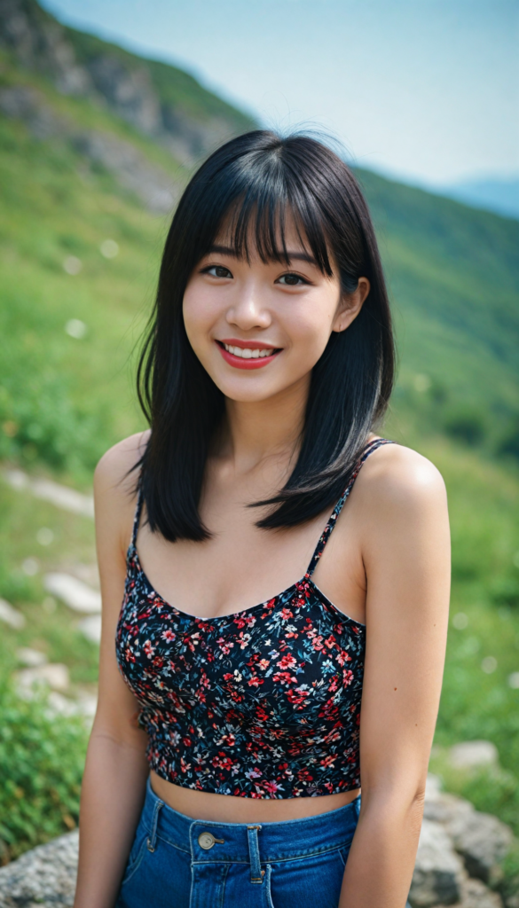 a (detailed and perfect portrait) of a (beautiful young cute Korean babe, warm smile, perfect body), round head and eyes, full red lips, with (very long, straight soft jet black hair), bangs cut, wearing a (deep neckline cropped spaghetti tank top in flower style and tattered short mini skirt) (top of the mountain) (beautiful landscape)