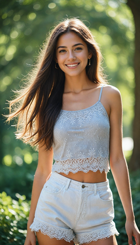 portrait of an enchanting young girl with sparkling eyes and a joyful smile, wearing a stylish grey crop top adorned with delicate lace, flowing long straight hair that dances with the breeze, showcasing an elegant silhouette in a whimsical side view. She pairs her outfit with chic grey high-waisted shorts that highlight her graceful curves. The background is a dreamy blend of soft pastel colors, evoking a serene afternoon light.