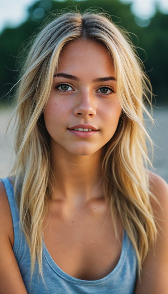 visualize a (tanned tomboy petite Exotic teen girl) with long, (realistically detailed summer blond hair), posed in a (cinematic light setup) for a portrait shot, her face radiant with joy, featuring a (flawlessly detailed round face), a (short form-fitting cropped plain tank top), which beautifully showcases her perfect physique, with (realistic details), such as a (curvy yet toned silhouette), beach in backdrop