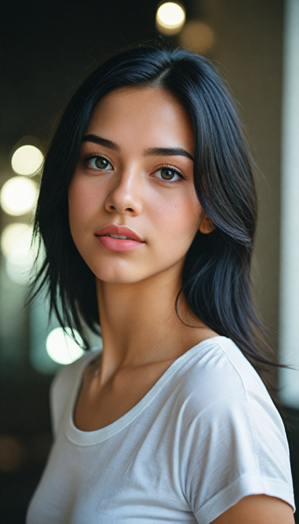 a beautifully realistic upper-body portrait, cinematic lights, from an Exotic teen girl, realistic detailed angelic round face, full lips, (realistic detailed eye) look at the camera, portrait shot, wears a short (white t-shirt), white background, side perspective, (cute), (elegant), (attractive), (long, straight soft ravenblack hair), (stunning) (gorgeous)