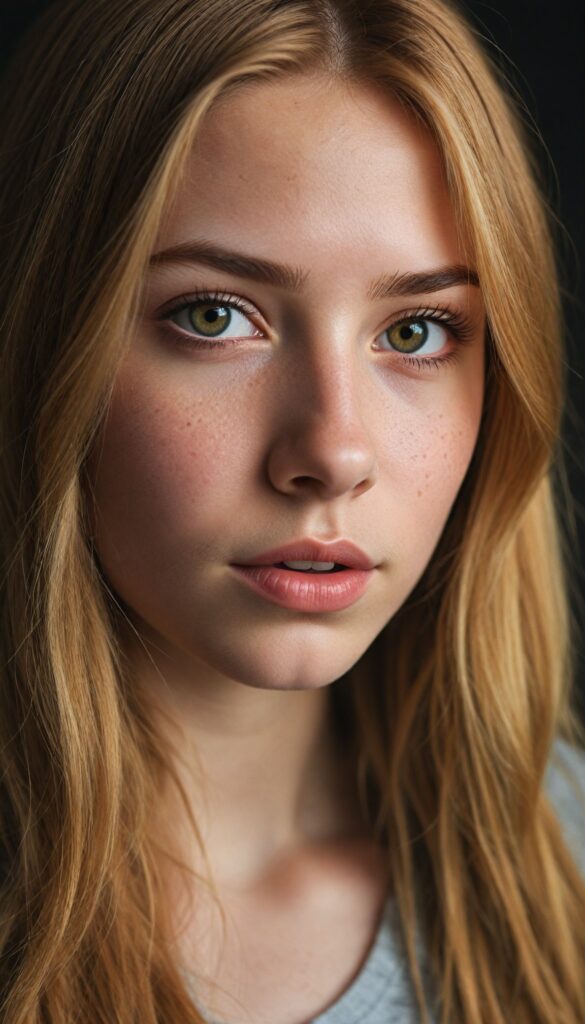 a very detailed and realistic upper body portrait of a (girl), (long yet straight copper-blond hair), (realistic detailed brown eyes), (full kissable lips), (realistic detailed, light amber eyes), (face illuminated)