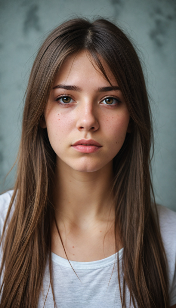 a (stunningly drawn teen emo girl) with (incredibly long, soft brown straight hair), framed by a (vividly gray backdrop), tears streaming down her face, reflecting a (sad expression) that suggests the weight of the world resting on her shoulders, amber eyes