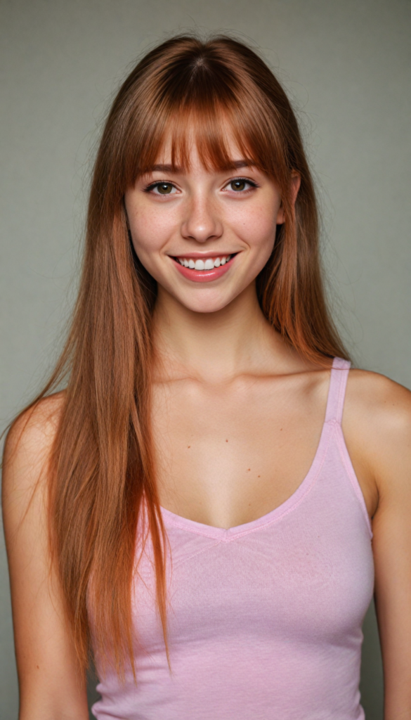 super realistic, 4k, detailed face, cute petite teen girl, long ligh red super soft straight hair, bangs cut, wear a (pink short tight cropped tank top with deep v-neck), looks at the camera, smile, portrait shot