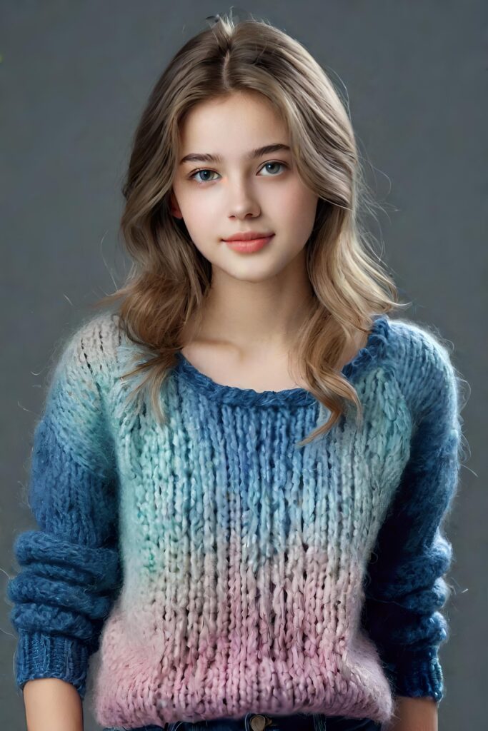 super realistic, detailed, ((gorgeous)) ((stunning)) cute young breasted girl, full portrait, 18 years old, wathercolor style, thin wool sweater