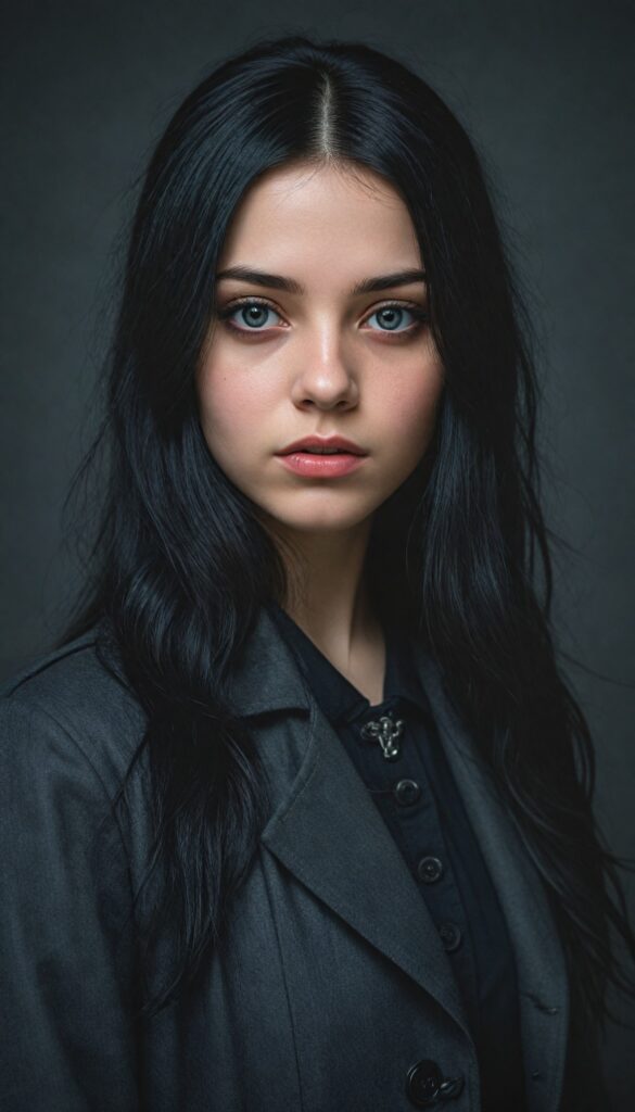 a (breathtakingly realistic full body portrait), (dark fantasy concept) featuring a beautifully drawn close-up of a young gothic teen girl with exquisite facial features and striking black eyes, long straight fine black hair, dressed in a (black coat), (grey background)