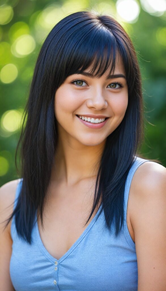 a portrait of a young chubby girl with (silky smooth, straight long dark blue obsidian soft detailed hair, bangs). Her very long hair falls over her shoulders and covers her upper body. She has sparkling, light blue eyes and a charming smile white teeth, full kissable lips, (she wears a tight, form-fitting short violet empty tank top with deep v-neck), all against a sunny green backdrop