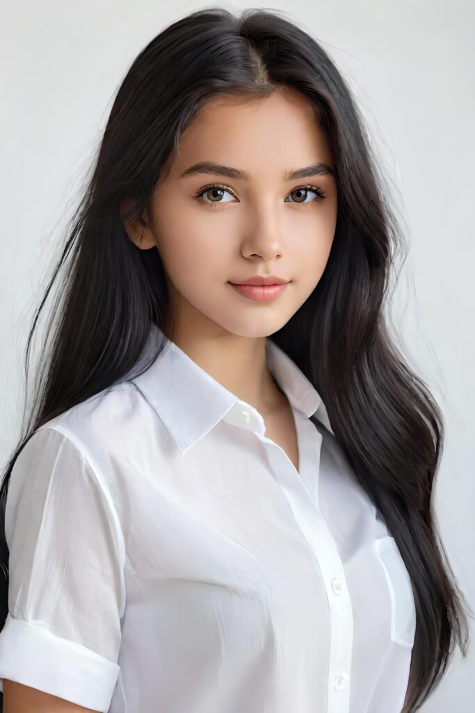 super realistic, detailed portrait, a beautiful young girl with long hair looks sweetly into the camera. She wears a white shirt.