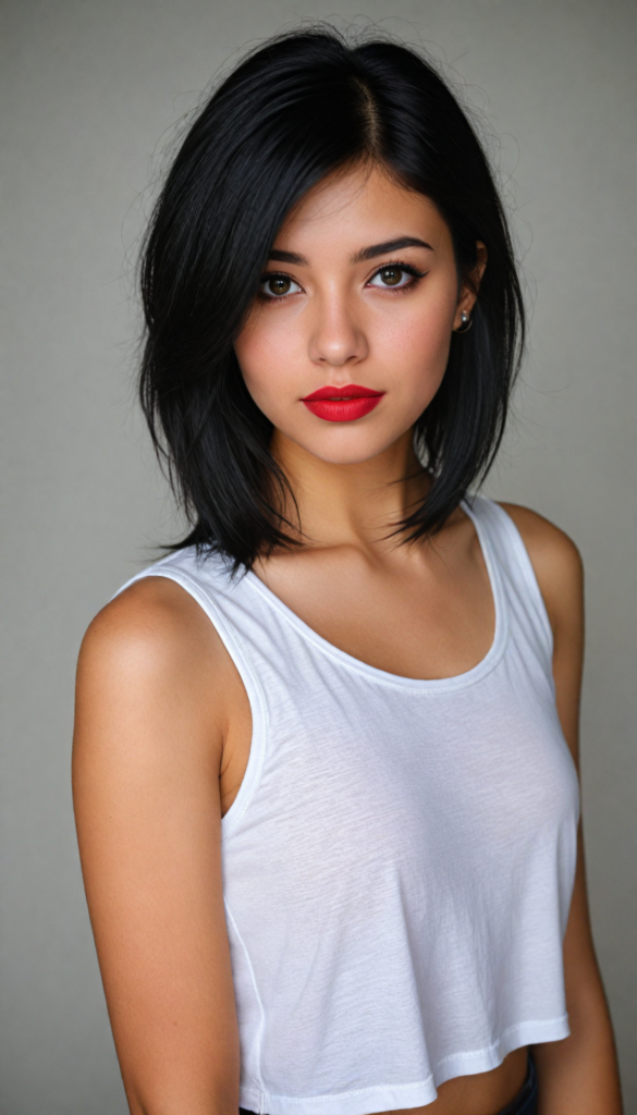 detailed and realistic photo from an innocent (young teen girl), straight black hair, (round face), black eyeliner, dark eyes, red lips, looks seductive, (black cropped tank top), (white background), front view