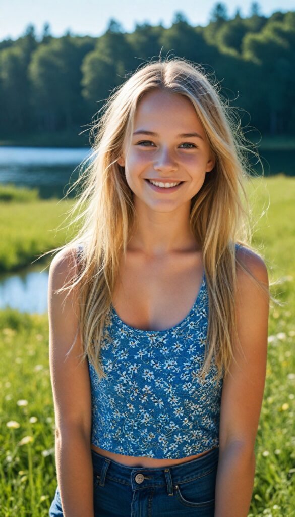 a fantastic young girl with long summer blond hair is standing in a sunny meadow. In the background is a deep blue lake, she is smiling, ((detailed and super realistic)), she wears a short plain cropped tank top