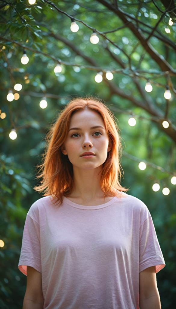 (upper body portrait) a whimsical scene featuring an innocent red-haired teen girl with straight, flowing hair, wearing a soft, ethereal light pink t-shirt that gently billows in the breeze. She stands in a sun-dappled forest glade, surrounded by softly glowing fairy lights, her bright eyes sparkling with curiosity and wonder, as beams of sunlight filter through the lush green canopy overhead, creating a magical, dreamlike atmosphere.