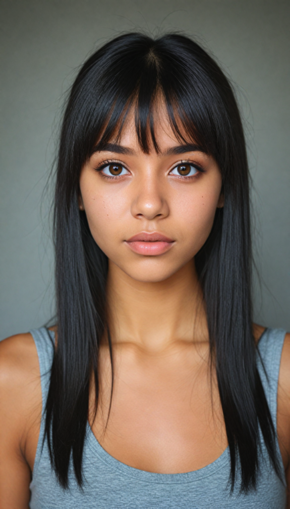 super realistic, 4k, detailed face, cute Exotic teen girl, long black straight jet soft hair, bangs cut, wear a grey crop tank top, looks at the camera, portrait shot, super realistic amber eyes