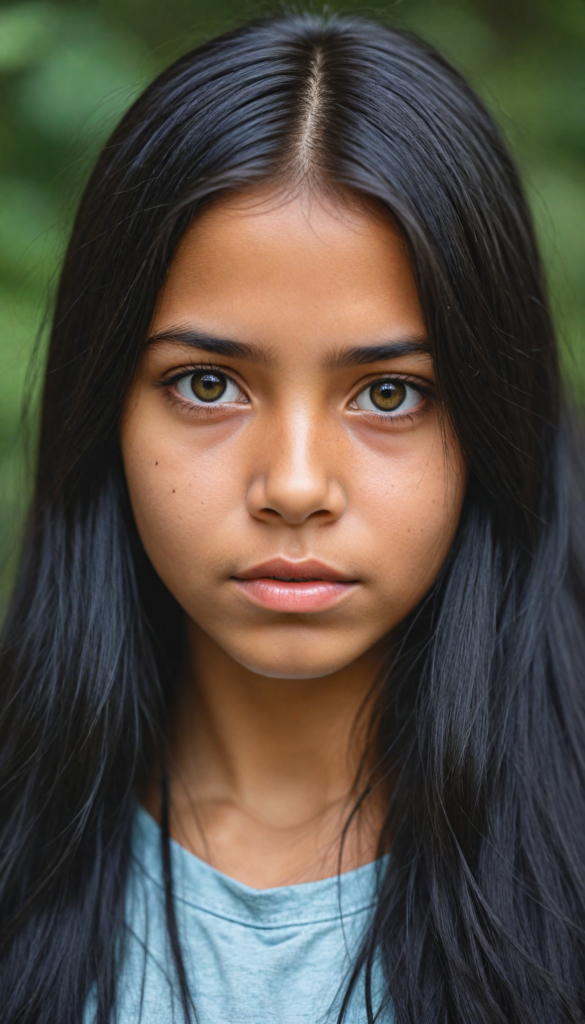 super realistic, 4k, detailed face, cute young Indigenous girl, long obsidian black straight soft hair, looks at the camera, portrait shot, super realistic amber eyes