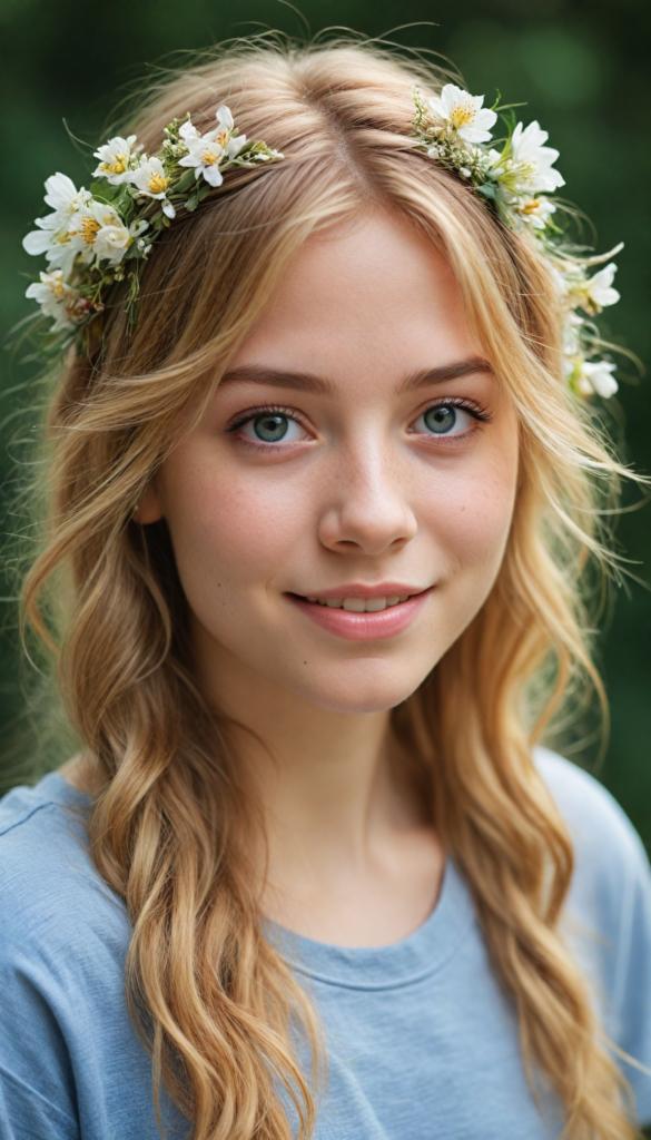 a charming and realistic portrait of a youthful girl with cascading, intricate golden hair that shimmers like sunlight, a warm and inviting smile that radiates joy, dressed in a soft, grey fine t-shirt that contrasts beautifully with her vibrant features. Her eyes sparkle with curiosity, framed by delicate eyelashes, embodying an aura of wonder and confidence. The background features a dreamlike, pastel-hued landscape accentuated by ethereal flowers, softly blending into a whimsical, ethereal atmosphere, reminiscent of a modern fairy tale—capturing the essence of beauty and vitality like a blend of photography and impressionist art.