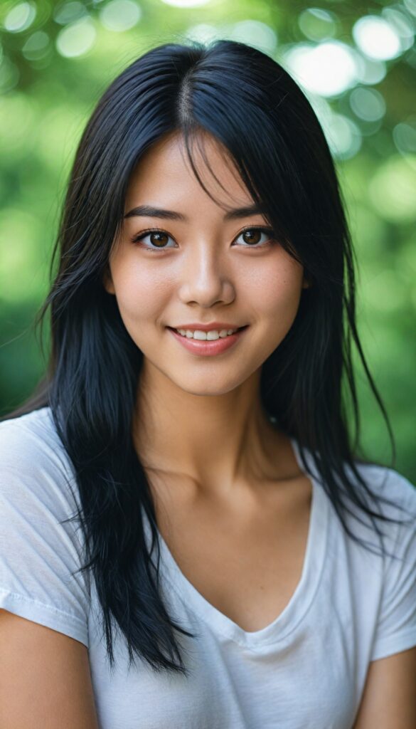 a detailed and realistic photo from a (cute) young Japanese girl (long, messy straight obsidian black hair), (stunning), (gorgeous), beautifully realistic, cinematic lights, realistic detailed angelic round face, (realistic detailed amber eye) looks happy at the camera, perfect curved body, (wears a super short tight (white t-shirt)), perfect anatomy, side perspective, against a sunny green backdrop