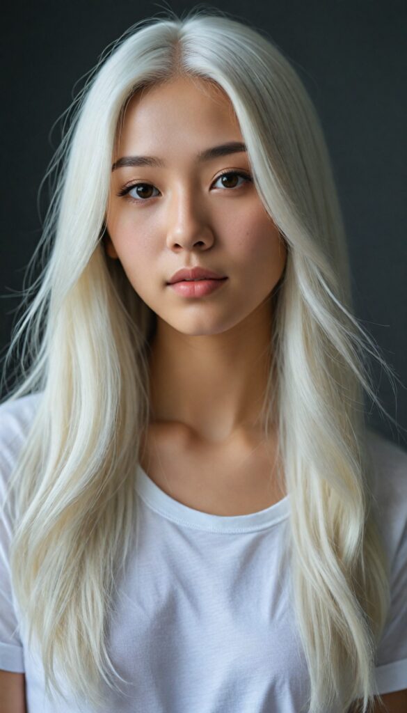 a breathtakingly (realistic portrait), capturing the essence of youthful beauty, featuring a (Asian teen girl) who exudes (serene elegance), with long, flowing (straight platinum white hair), and a (flawlessly detailed angelic face), where her (soft, realistic hazelnut eyes), she is clad in a white T-shirt, with flawless anatomical proportions that draw the eye, against a (subtle, uncluttered backdrop of white). The overall atmosphere evokes a (cinematic sophistication) that exudes timeless appeal