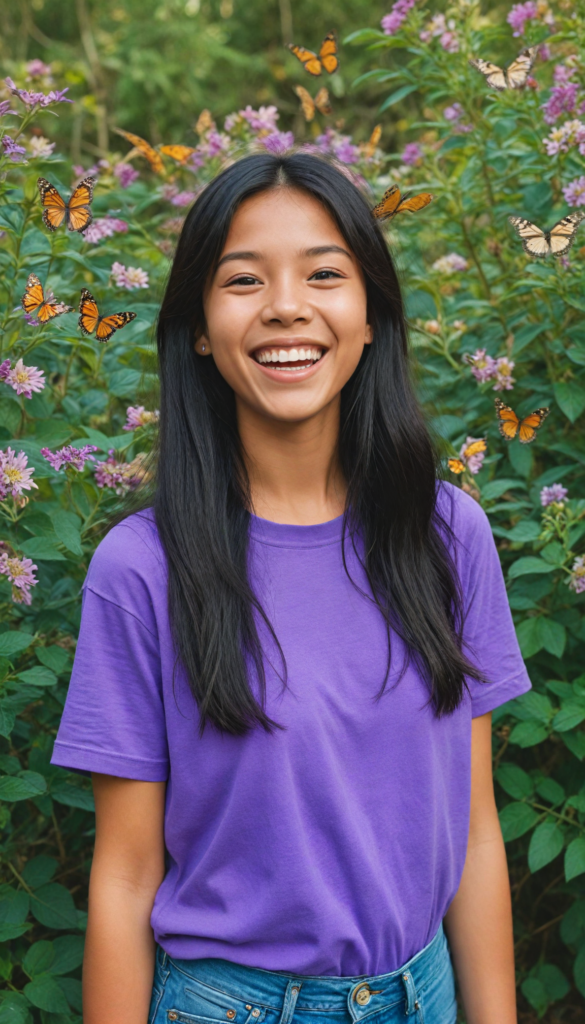 a joyful young girl radiating happiness, wearing a vibrant purple t-shirt with a tightly buttoned high collar that frames her cheerful face. Her straight, long jet-black hair cascades like a waterfall down her shoulders. She sports a pair of trendy jeans, playfully showcasing her navel as she stands confidently. The background is a dreamlike pastel landscape filled with whimsical flowers and butterflies, enhancing her infectious smile. The scene captures a sense of freedom and youth, reminiscent of a vibrant pop art painting.