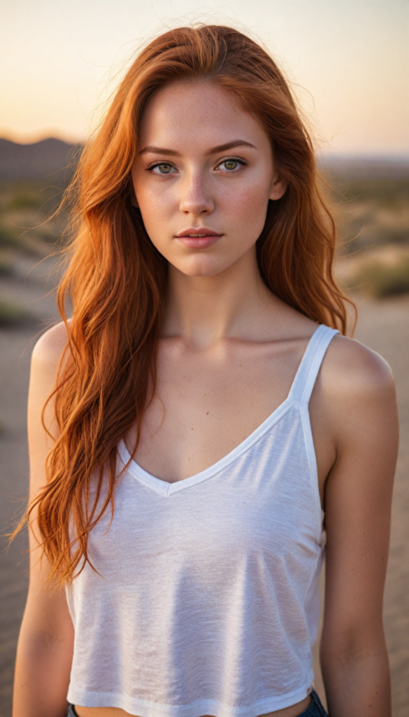 a detailed and realistic portrait from a young teen girl with soft long red hair, detailed amber eyes, (wears a white super fine light pink cropped tank top with deep v-neck) that support her body, she has a perfect curved body, (against a backdrop with sandy desert and sunset)