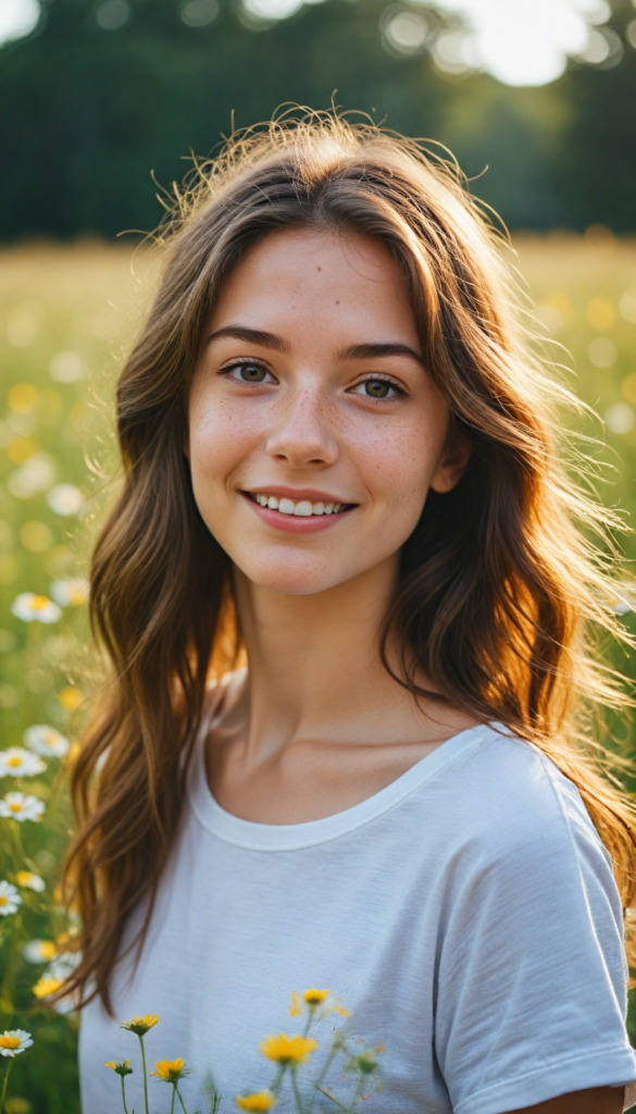 a captivating close-up portrait of a young teen girl with soft, flowing brown hair illuminated by golden sunlight, wearing a casual white t-shirt. Her expressive eyes reflect a world of dreams, adorned with delicate freckles across her cheeks, capturing an enchanting essence. The background is a blurred meadow filled with wildflowers, creating a serene atmosphere that highlights her beauty. The image exudes warmth and charm, evoking a sense of youthful wonder and joy.