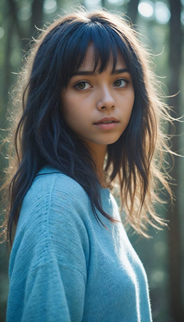 a whimsically illustrated (brown-skinned teen emo girl) with cascading, gently waving (straight hair) framed by playful side bangs, illuminated by a mesmerizing iridescent light blue complexion that subtly glimmers, her eyes reflecting a profound sense of melancholy and emotional detachment, surrounded by ethereal wisps of fog that dance in the softly fogy (backdrop), reminiscent of a surreal dreamscape, hinting at an otherworldly atmosphere inspired by the art styles of Tim Burton and Yoshitaka Amano, she wears a light blue sweater made of super fine wool