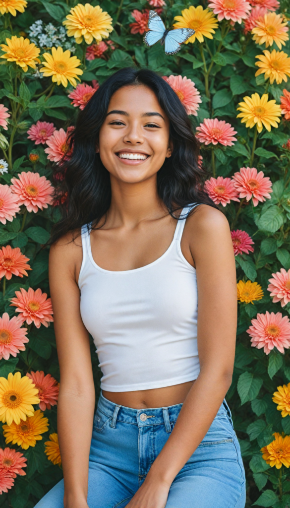 a vibrant portrait of a brown-skinned teen girl radiating joy with a beaming, sunny smile, dressed in a chic, fitted white crop tank top that elegantly highlights her beautiful curves, surrounded by a dreamy, pastel background filled with blooming flowers and butterflies, her long, straight black hair flowing like silk in a gentle breeze, capturing the essence of youthful exuberance and confidence, styled in the manner of contemporary pop-art with bright colors and bold outlines, reminiscent of artists like Yayoi Kusama or Keith Haring