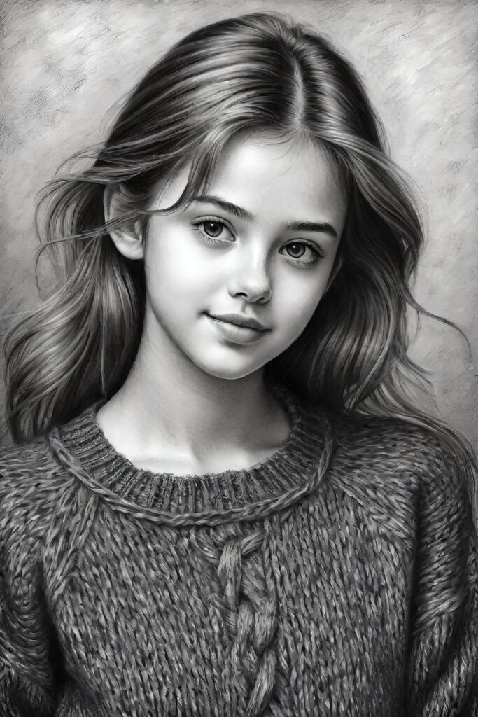 super realistic, detailed, ((gorgeous)) ((stunning)) cute young breasted girl, full portrait, 18 years old, charcoal drawing, thin wool sweater