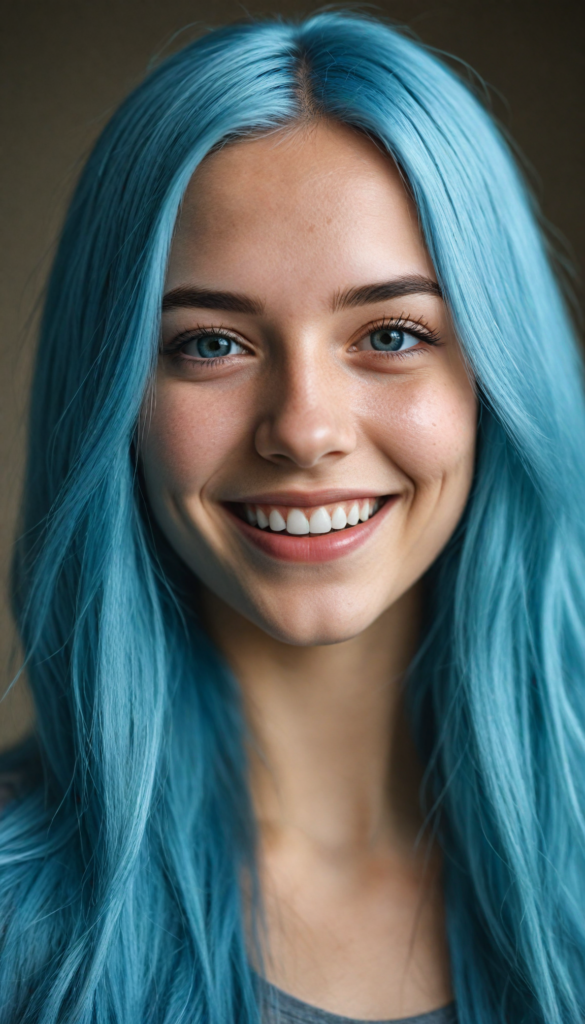 a detailed and super realistic portrait from a young stunning gorgeous girl with long, soft jet straight blue hair, smile, upper body