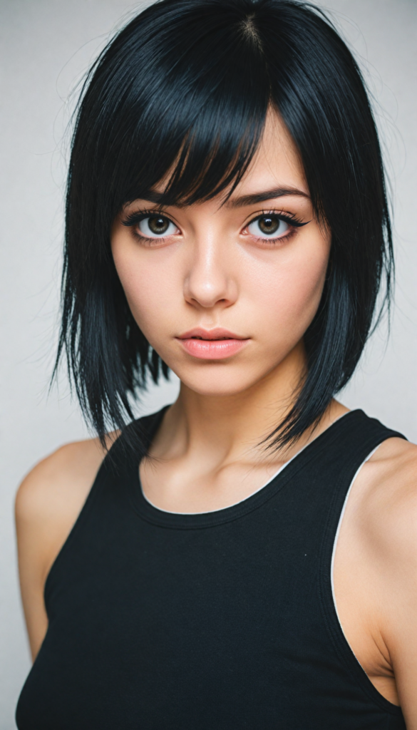 a innocent (young Emo teen girl), straight black hair, (round face), bob bangs cut, black eyeliner, looks seductive, black cropped tank top, (white background), front view