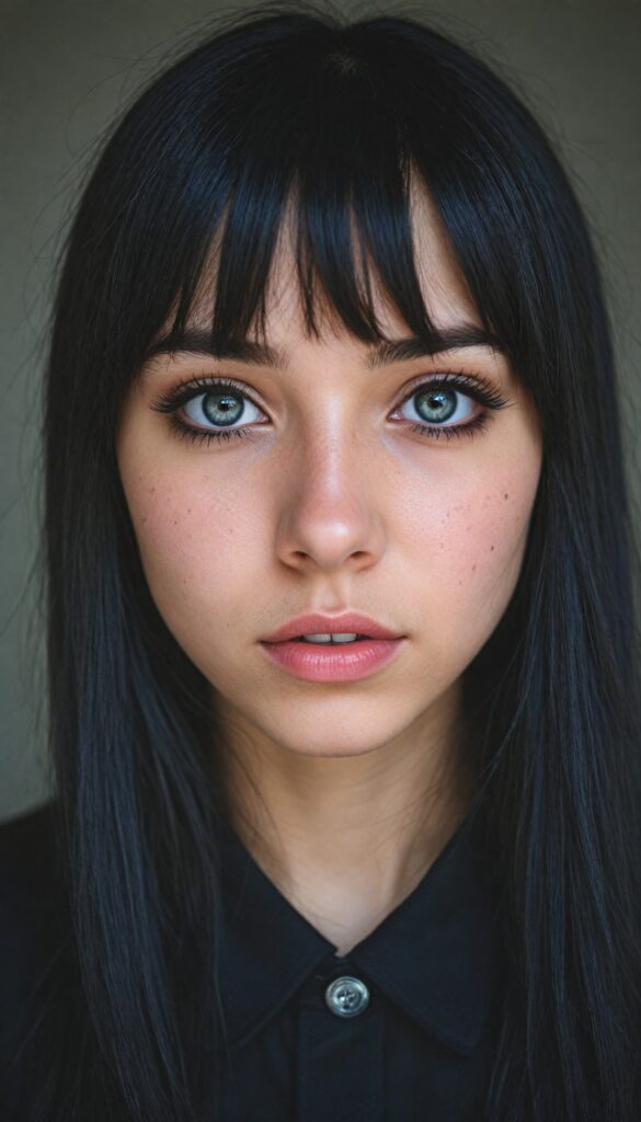 a (breathtakingly realistic upper body portrait), featuring a beautifully photo of a young Emo teen girl with exquisite facial features and striking black eyes, long straight fine black hair, bangs, dressed in a (black coat), (grey background)