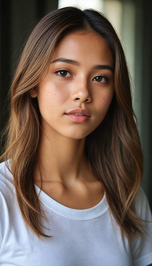 a breathtakingly (realistic portrait), capturing the essence of youthful beauty, featuring a (Burmese teen girl) who exudes (serene elegance), with long, flowing (straight hazelnut hair), and a (flawlessly detailed angelic face), where her (soft, realistic hazelnut eyes), gaze sadly towards the viewer from a (side perspective). She is clad in a (super short, sharply tailored (white T-shirt), cut from thin silk), with flawless anatomical proportions that draw the eye, against a (subtle, uncluttered backdrop of white). The overall atmosphere evokes a (cinematic sophistication) that exudes timeless appeal