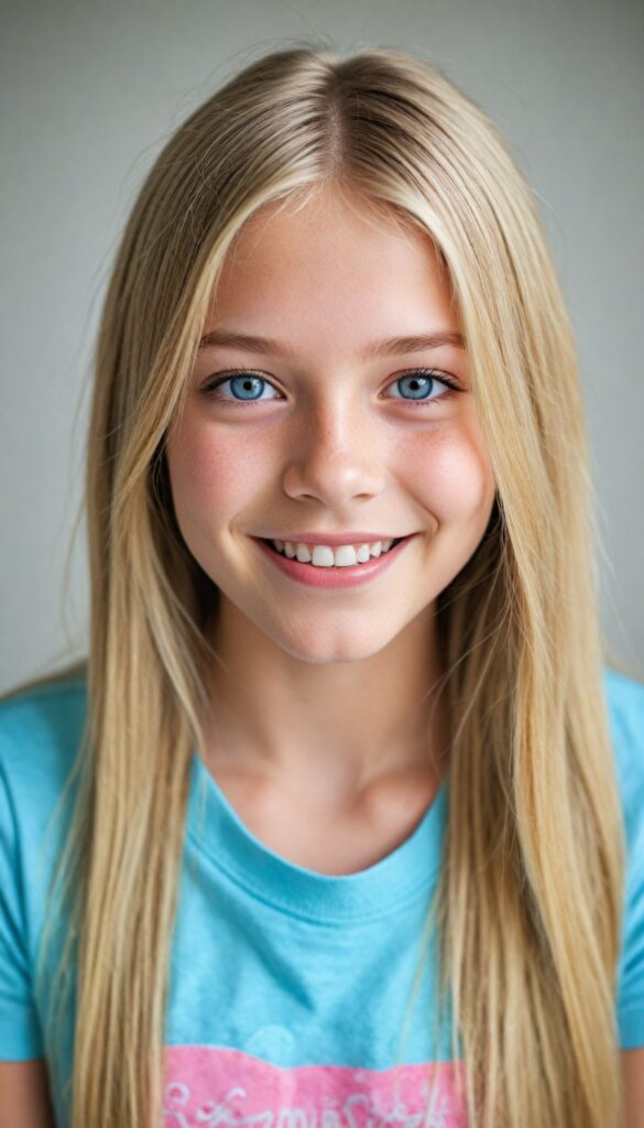 a portrait of a young girl with silky smooth, straight long blonde hair. Her hair falls over her shoulders and covers her upper body. She has sparkling, light blue eyes and a charming smile, (she wears a tight, form-fitting short pink empty T-shirt)