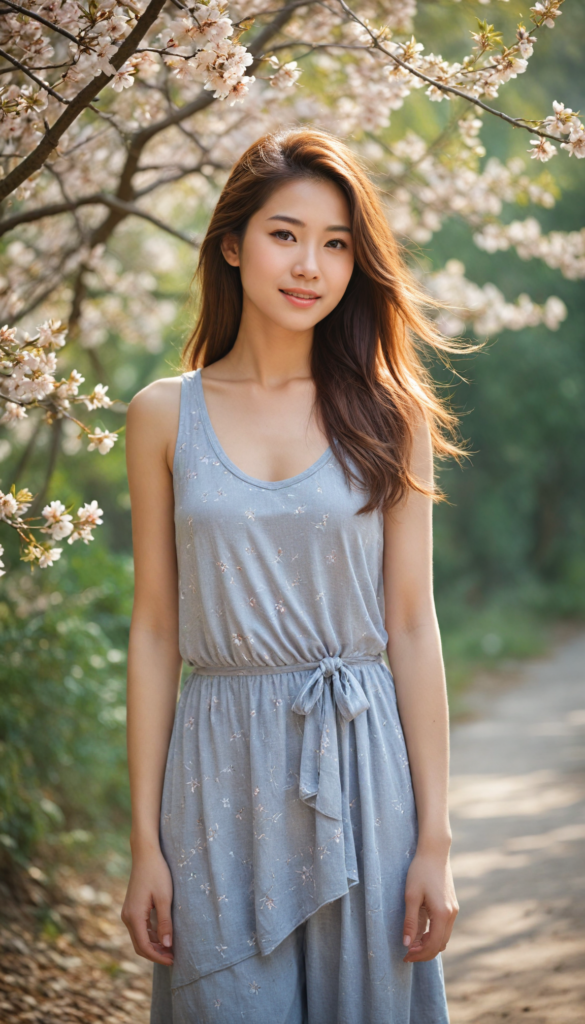 a captivating portrait of a young Japanese girl with flowing long hazelnut hair cascading gracefully over her shoulders, framed by soft cherry blossom petals gently falling around her. She has a warm, inviting smile that lights up her natural beauty. Dressed in a stylish grey tank top that complements her perfect, graceful curves, the image captures a dreamy, sunlit atmosphere, reminiscent of a soft pastel painting, blending elements of Impressionism and contemporary portraiture. The background features a subtle watercolor wash, enhancing the tranquil scene.