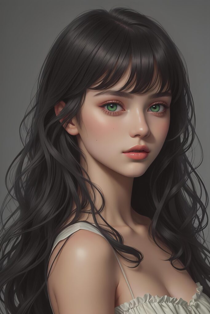 ((gorgeous)) ((stunning)) ((portrait)) masterpiece of teen girl detailed face with green eyes, black wavy hair, bangs cut