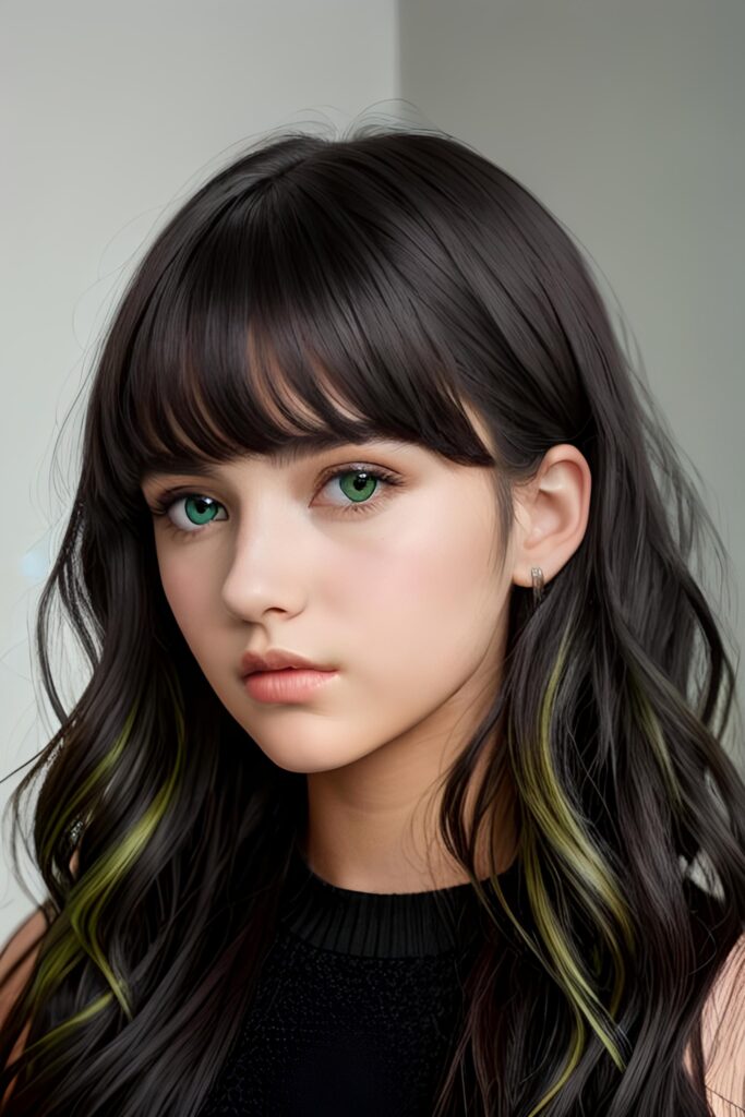 ((gorgeous)) ((stunning)) ((portrait)) masterpiece of teen girl detailed face with green eyes, black wavy hair, bangs cut