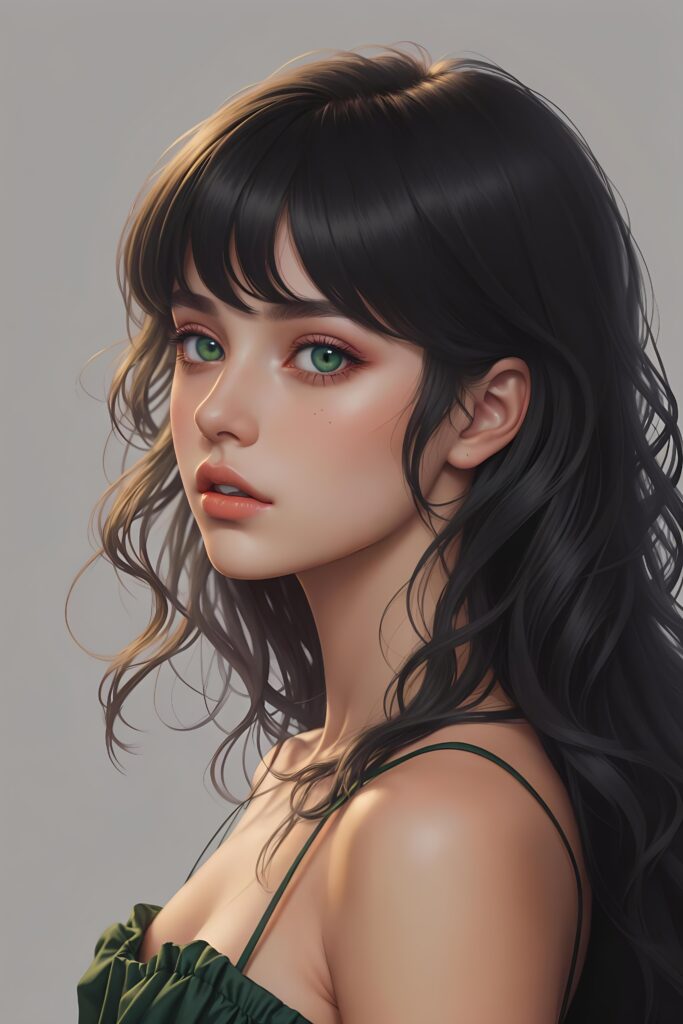 ((gorgeous)) ((stunning)) ((portrait)) masterpiece of teen girl detailed face with green eyes, black wavy hair, bangs cut