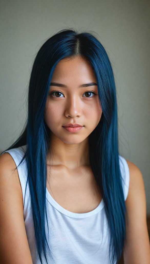 super realistic, detailed portrait, a beautiful young Asian girl with long dark blue hair looks sweetly into the camera. She wears a white tank top.