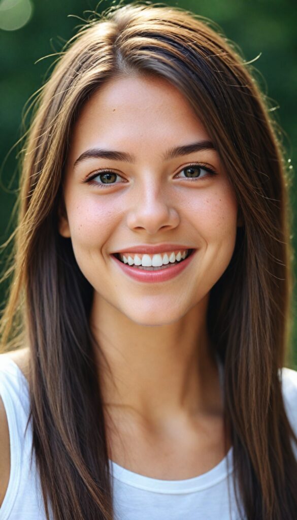 a breathtakingly detailed and hyper realistic (professional photograph) of a young teen girl with straight, silky jet brown soft hair cascading down her shoulders, round face, full lips, smile, white teeth despite its perfect length and texture suggesting advanced age, paired with a minimalist (white short sleeve tank top)