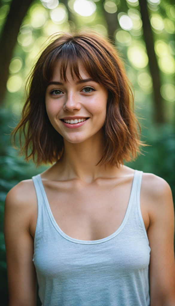 a stunning teenage girl with rich auburn hair cut into stylish bob bangs, wearing a chic, form-fitting tank top that contrasts beautifully with the soft, dappled light filtering through a lush, natural forest background; her radiant smile exudes pure joy and warmth, capturing the essence of a sunlit afternoon; details of delicate sunbeams dancing around her, giving a magical aura, evoking a blend of vibrant realism and whimsical charm reminiscent of a contemporary portrait painting.