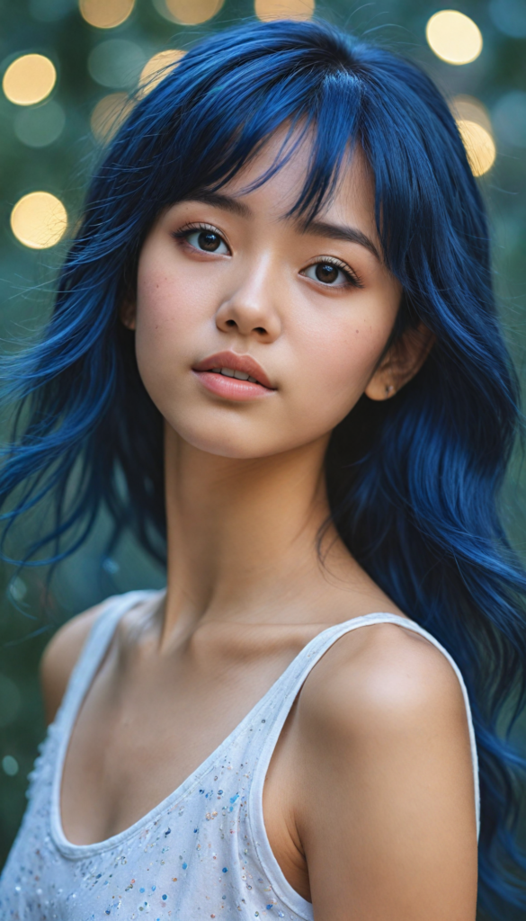 hyper-realistic, intricately detailed portrait of a captivating young Asian girl with flowing, iridescent dark blue hair that glimmers like the night sky. She gazes softly into the camera, her expression embodying a blend of innocence and curiosity. Adorned in a delicate, sheer white tank top that subtly catches the light, the background features a dreamy bokeh of soft pastel colors, creating an ethereal atmosphere. Incorporate elements of watercolor splashes and shimmering glitter for a magical touch, reminiscent of contemporary fantasy art styles.