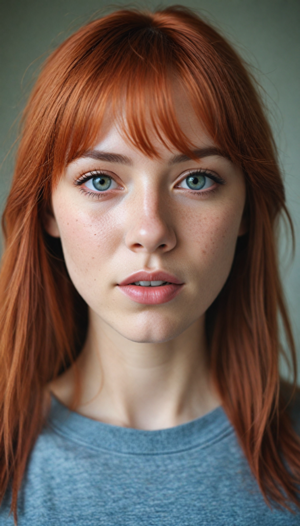 a stunningly detailed (photograph) representing a (girl) with intricate, realistically drawn features like dynamically detailed straight long flowing red hair with bangs framing her face, full lips, eyes looking seductively with mouth slightly open, striking realistic and detailed eyes all against a sophisticated, softly lit (background) where she wears a modern minimalist grey t-shirt