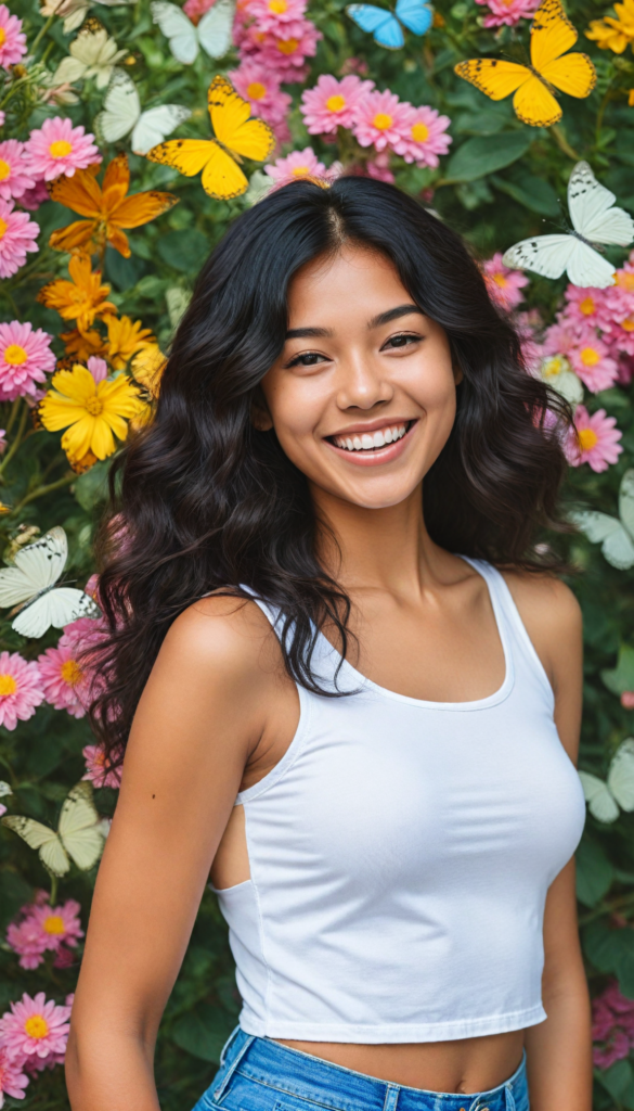 a vibrant portrait of a brown-skinned teen girl radiating joy with a beaming, sunny smile, dressed in a chic, fitted white crop tank top that elegantly highlights her beautiful curves, surrounded by a dreamy, pastel background filled with blooming flowers and butterflies, her long, straight black hair flowing like silk in a gentle breeze, capturing the essence of youthful exuberance and confidence, styled in the manner of contemporary pop-art with bright colors and bold outlines, reminiscent of artists like Yayoi Kusama or Keith Haring