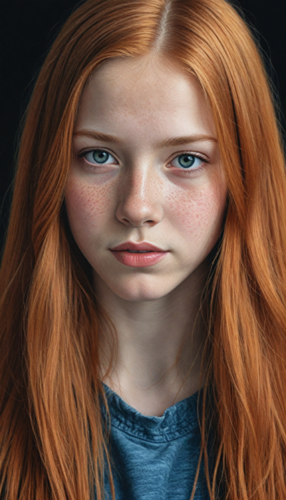 (portrait), detailed pencil drawing, silvery-skinned (young teen girl), long straight red hair (black background)