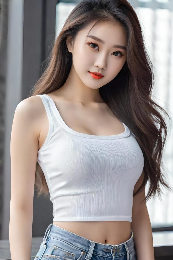 super realistic, detailed portrait, a beautiful young busted girl with long hair, looks sweetly into the camera. She wears a white crop top, perfect curved body