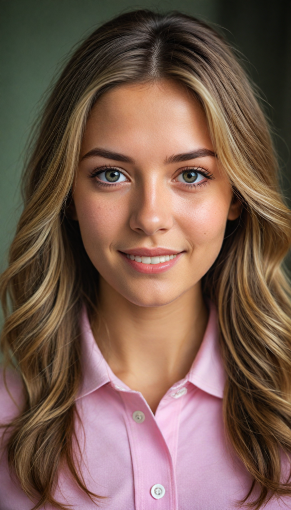 a (cute) (detailed and realistic) (young adult) (female) with long, flowing, voluminous, dark brown hair featuring blonde highlights, large, detailed and matching eyes, wearing a (thin form-fitting plain pink polo shirt), (tanned skin), (gorgeous), (stunning), (model), (smiling), (looking into the camera), (wearing only skin), (completely covered), (alluring pose), (sunlight catching her hair), (face illuminated), (looking into the camera)