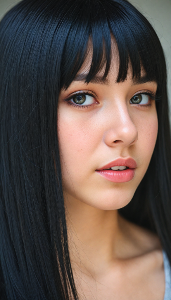 a realistic, detailed, dynamic photography from a beautiful young teen (Emo girl), with (detailed obsidian long soft straight hair, bangs), full kissable lips, looking into the camera, perfect detailed face, side view, (close up portrait), (stunning), (gorgeous), (white background)