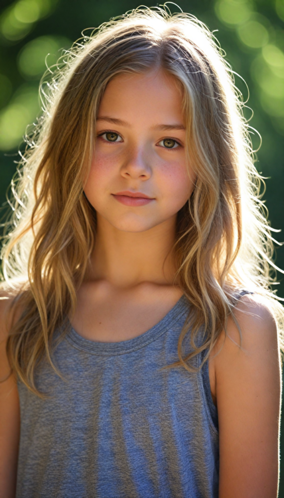 a (detailed and realistic photo), capturing a (very cute young girl), with long, flowing, messy soft brown-blonde hair, wearing a (tank top), all against a backdrop of a (beautiful, sunny day in nature)