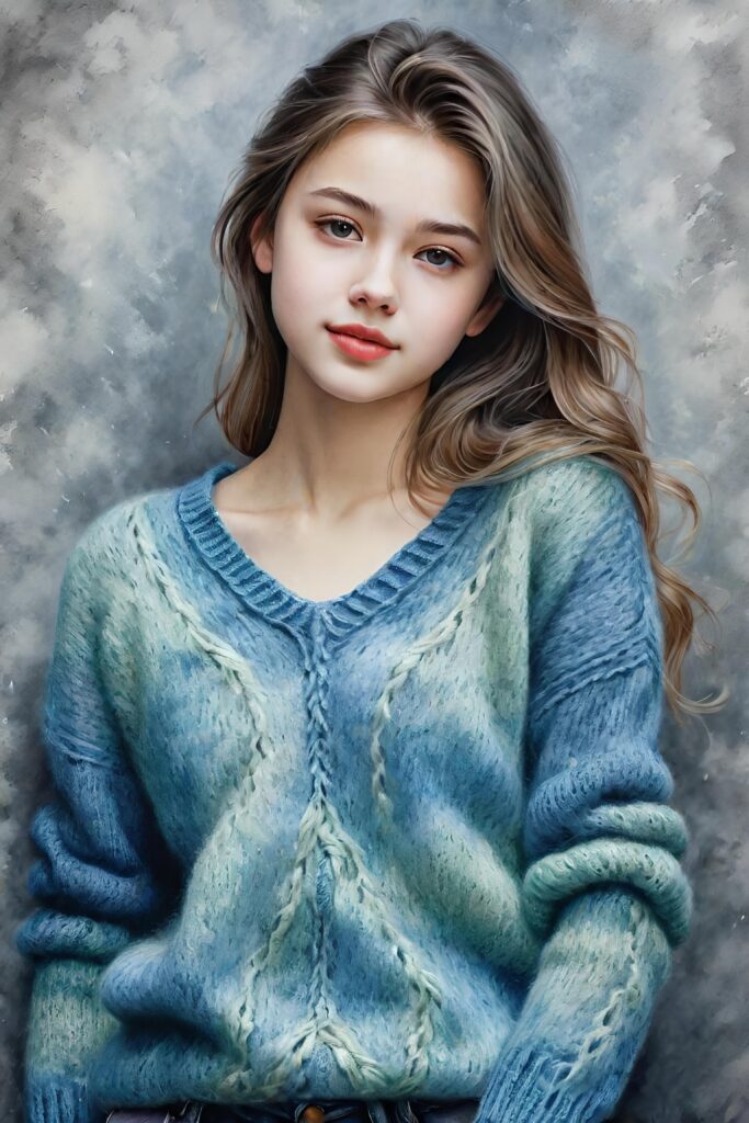 super realistic, detailed, ((gorgeous)) ((stunning)) cute young breasted girl, full portrait, 18 years old, wathercolor drawing, thin wool sweater