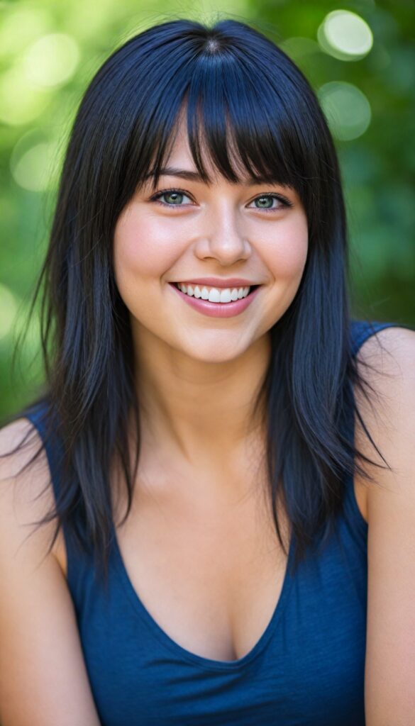 a portrait of a young chubby girl with (silky smooth, straight long dark blue obsidian soft detailed hair, bangs). Her very long hair falls over her shoulders and covers her upper body. She has sparkling, light blue eyes and a charming smile white teeth, full kissable lips, (she wears a tight, form-fitting short violet empty tank top with deep v-neck), all against a sunny green backdrop