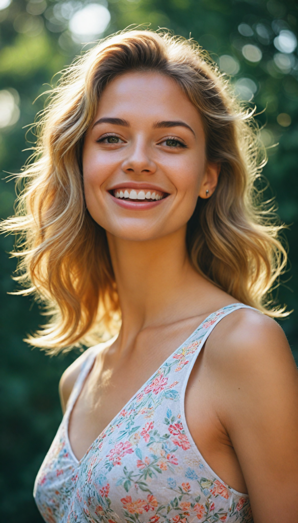 a vividly intricate portrait featuring the upper body of a radiant young girl with an enchanting, flawless figure, adorned in a stylish, low-cut crop top that flutters in a gentle breeze. Her beaming smile reveals pearly white teeth, framed by a detailed, round face that glows with youthful exuberance. Cascading down her shoulders, her long, straight summer blonde hair is kissed by golden sunlight, creating a halo effect. The background bursts with vibrant floral patterns, reminiscent of Van Gogh's brush strokes, infusing the scene with a dreamy, whimsical atmosphere. Soft pastel colors blend harmoniously, enhancing the overall radiant and cheerful essence of the portrait.