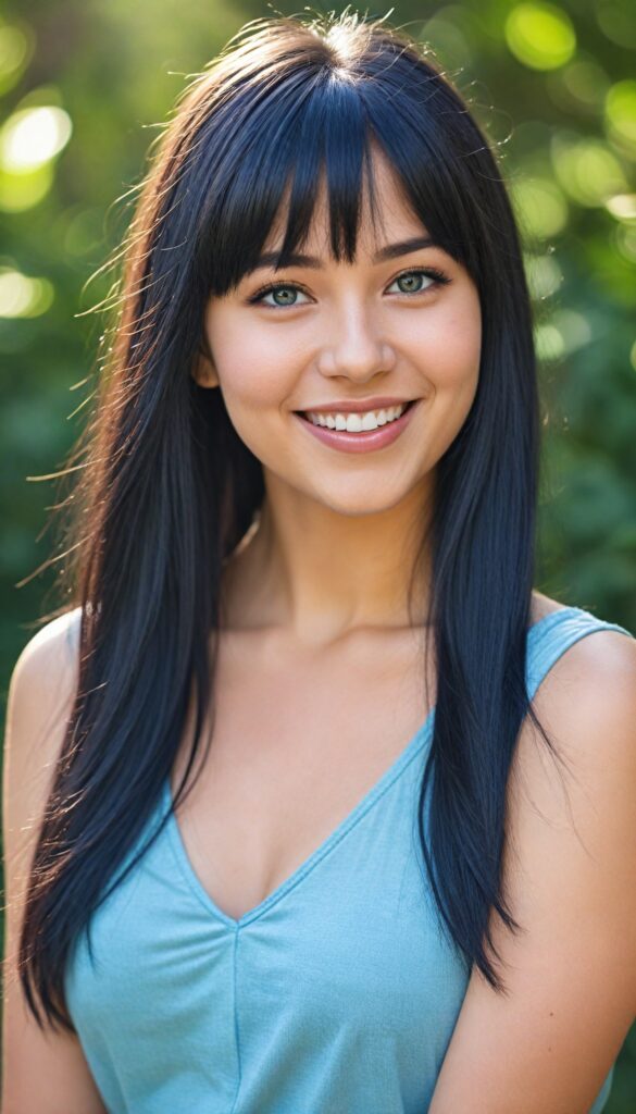 a portrait of a young chubby girl with (silky smooth, straight long dark blue obsidian soft detailed hair, bangs). Her very long hair falls over her shoulders and covers her upper body. She has sparkling, light blue eyes and a charming smile white teeth, full kissable lips, (she wears a tight, form-fitting short violet empty tank top with deep v-neck), all against a sunny green backdrop